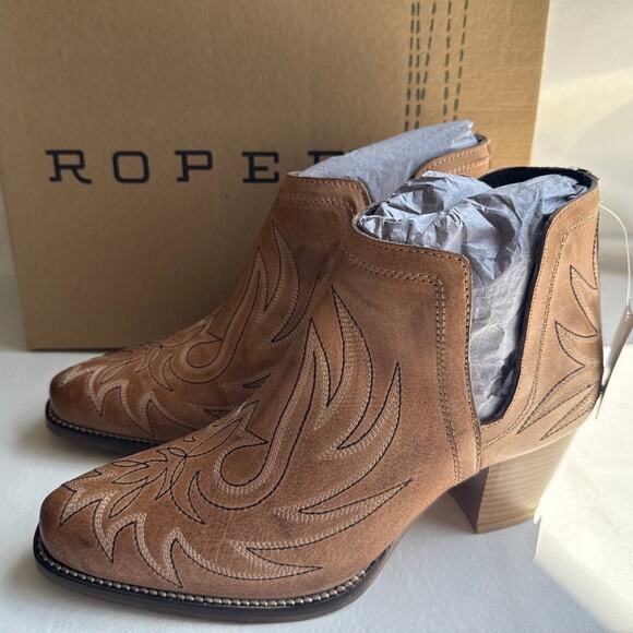 Roper Rowdy Booties Womens 8 Tan Leather Snip Toe Black Embroidery Ankle Cut Out - Picture 10 of 11